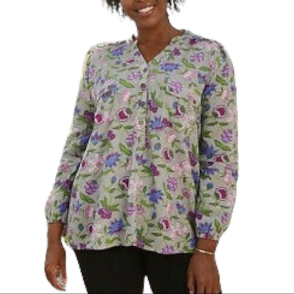Matilda Jane Tops - Matilda Jane Thinking Out Loud Top Grey Purple Blue Grey Floral Print Henley